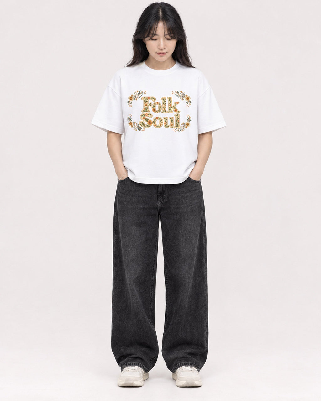 Mockup Boxy Heavyweight Tee White female full-body 13