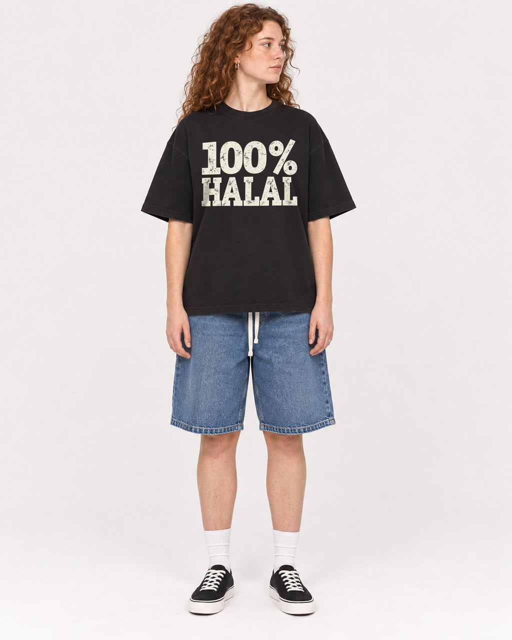 Mockup Boxy Heavyweight Tee Black female full-body 09