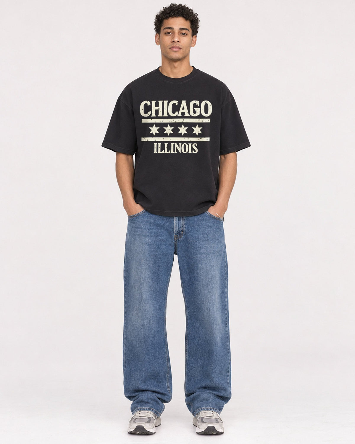 Mockup Boxy Heavyweight Tee Black male full-body 10