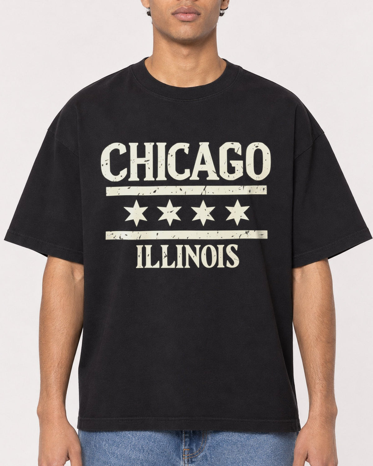 Mockup Boxy Heavyweight Tee Black male close-up 10