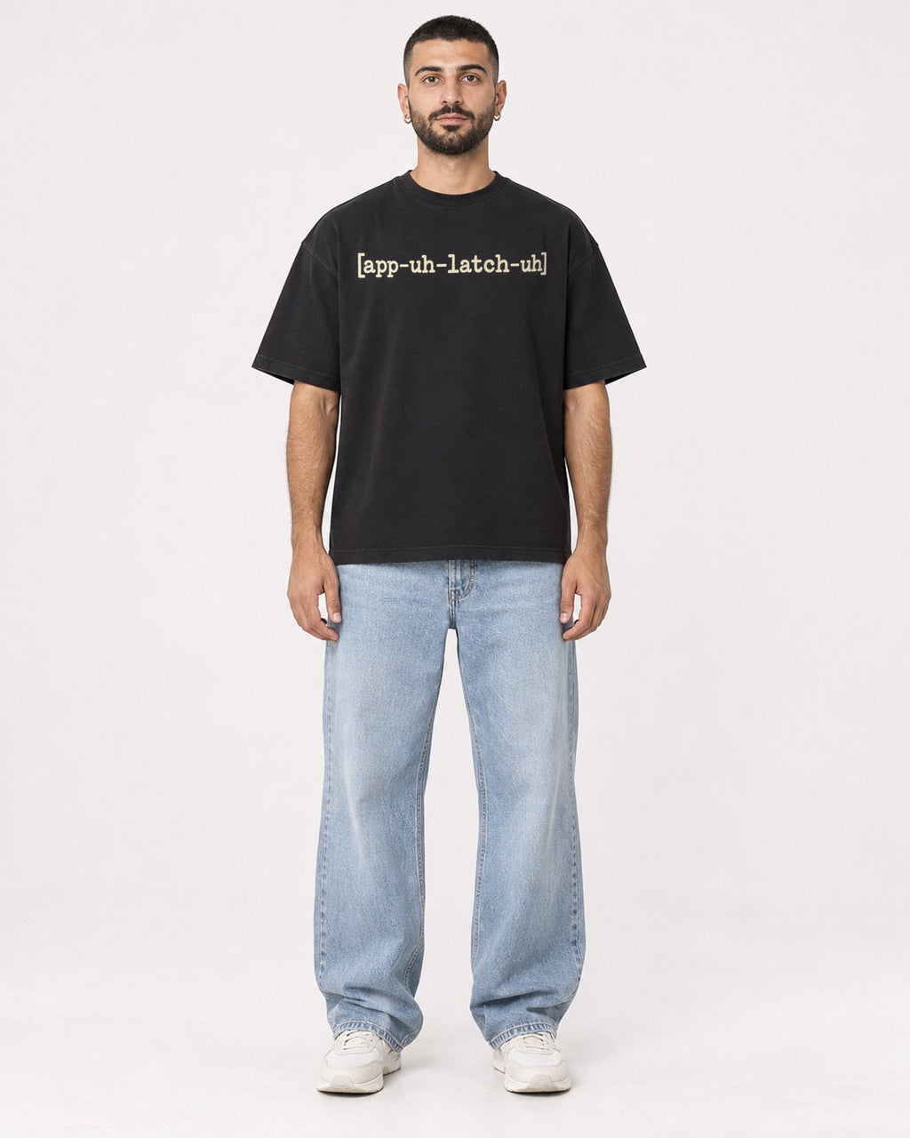 Mockup Boxy Heavyweight Tee Black male full-body 37