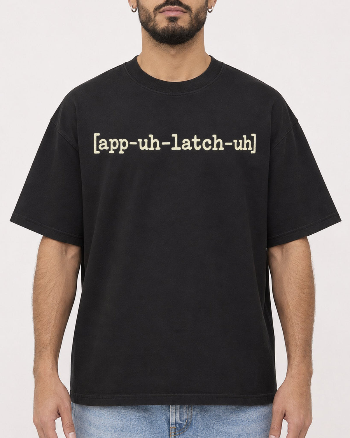 Mockup Boxy Heavyweight Tee Black male close-up 37