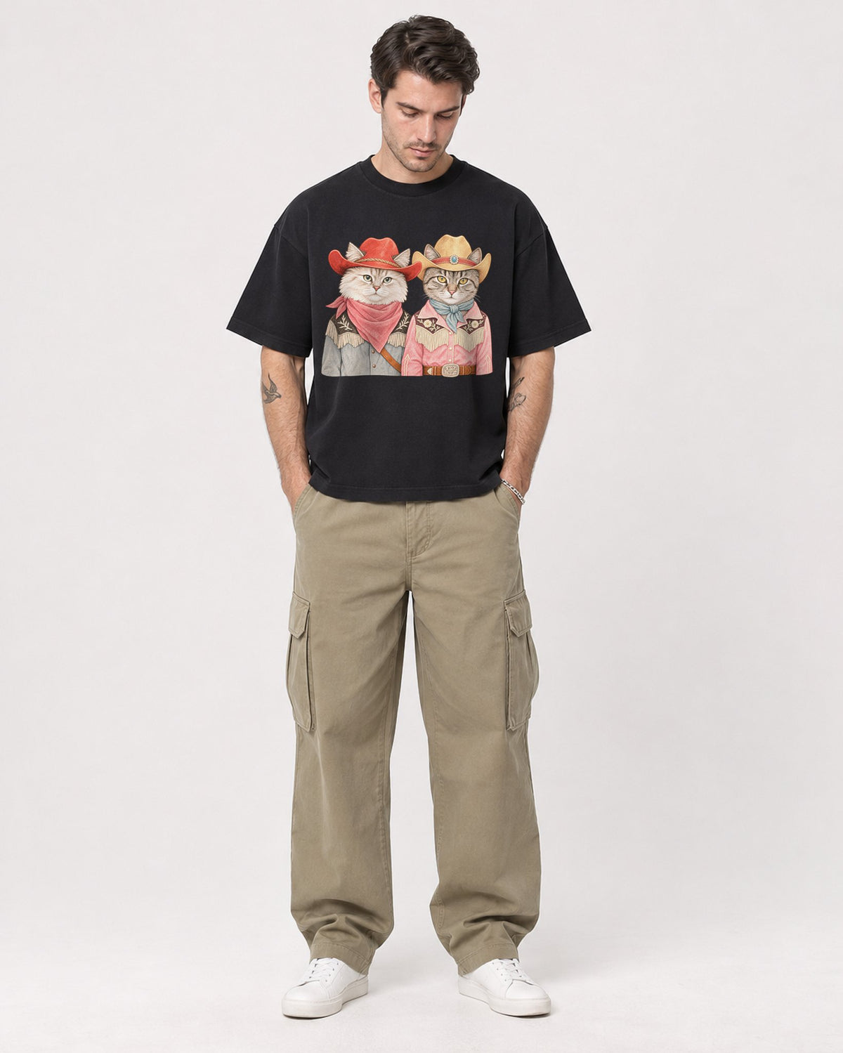Mockup Boxy Heavyweight Tee Black male full-body 48