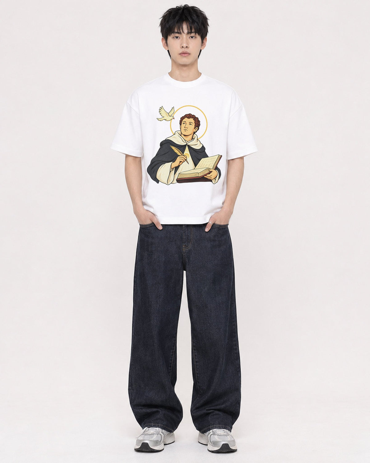 Mockup Boxy Heavyweight Tee White male full-body 01