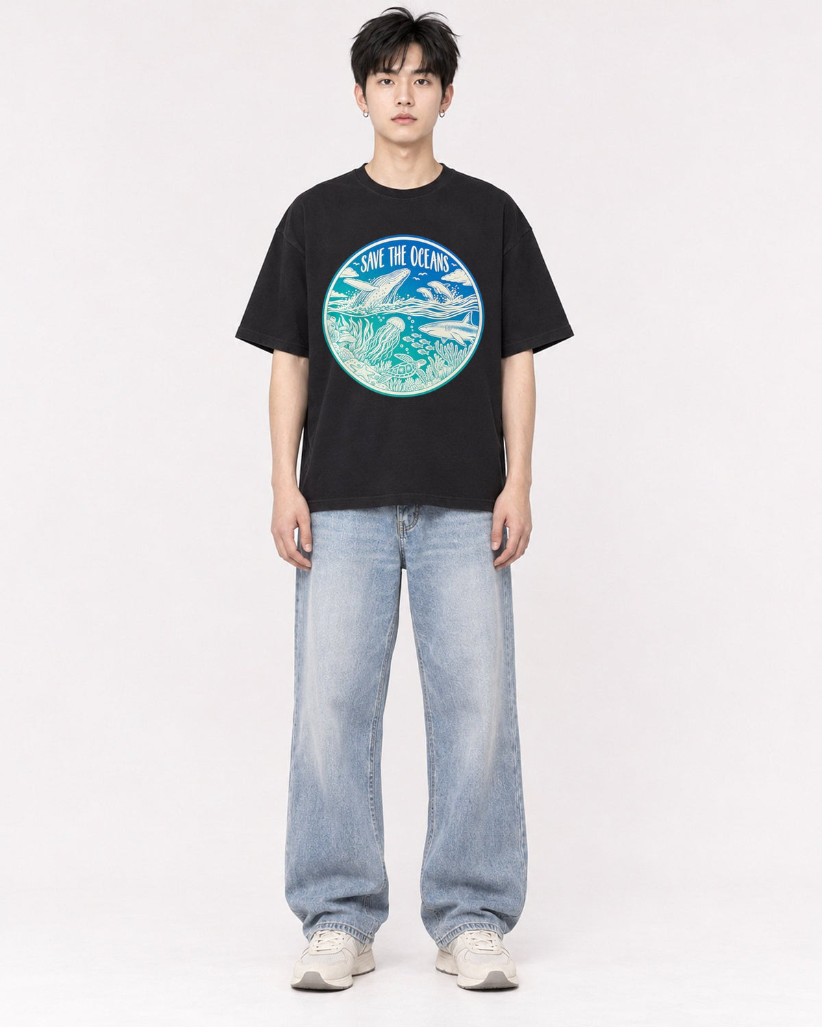 Mockup Boxy Heavyweight Tee Black male full-body 01