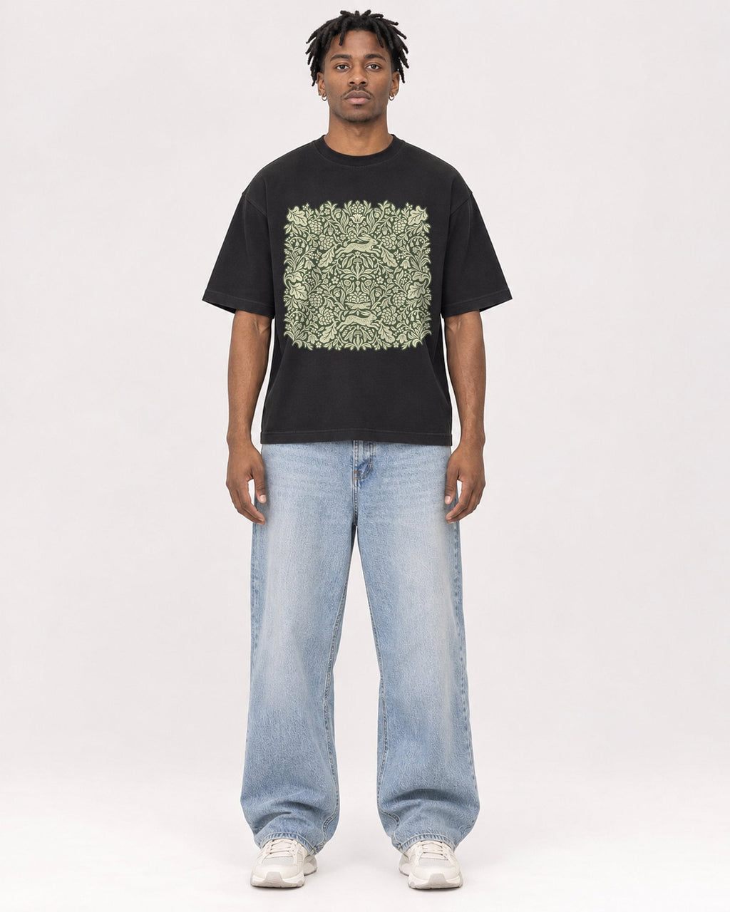 Mockup Boxy Heavyweight Tee Black male full-body 05