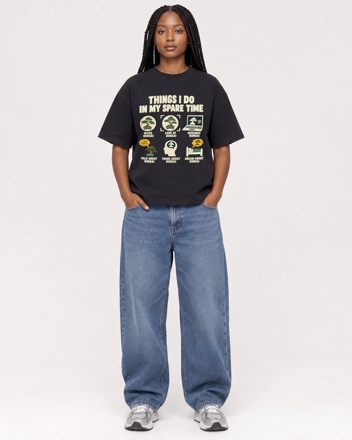 Mockup Boxy Heavyweight Tee Black female full-body 04