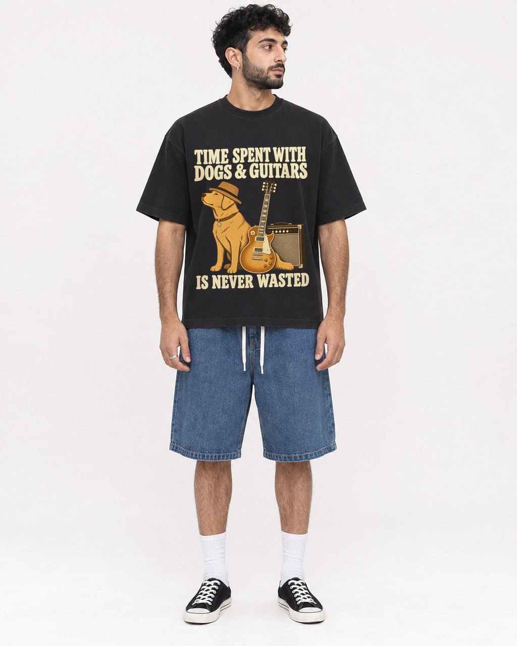 Mockup Boxy Heavyweight Tee Black male full-body 07