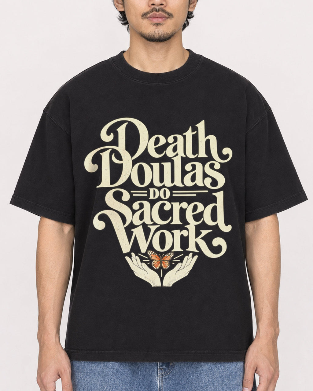 Mockup Boxy Heavyweight Tee Black male close-up 02