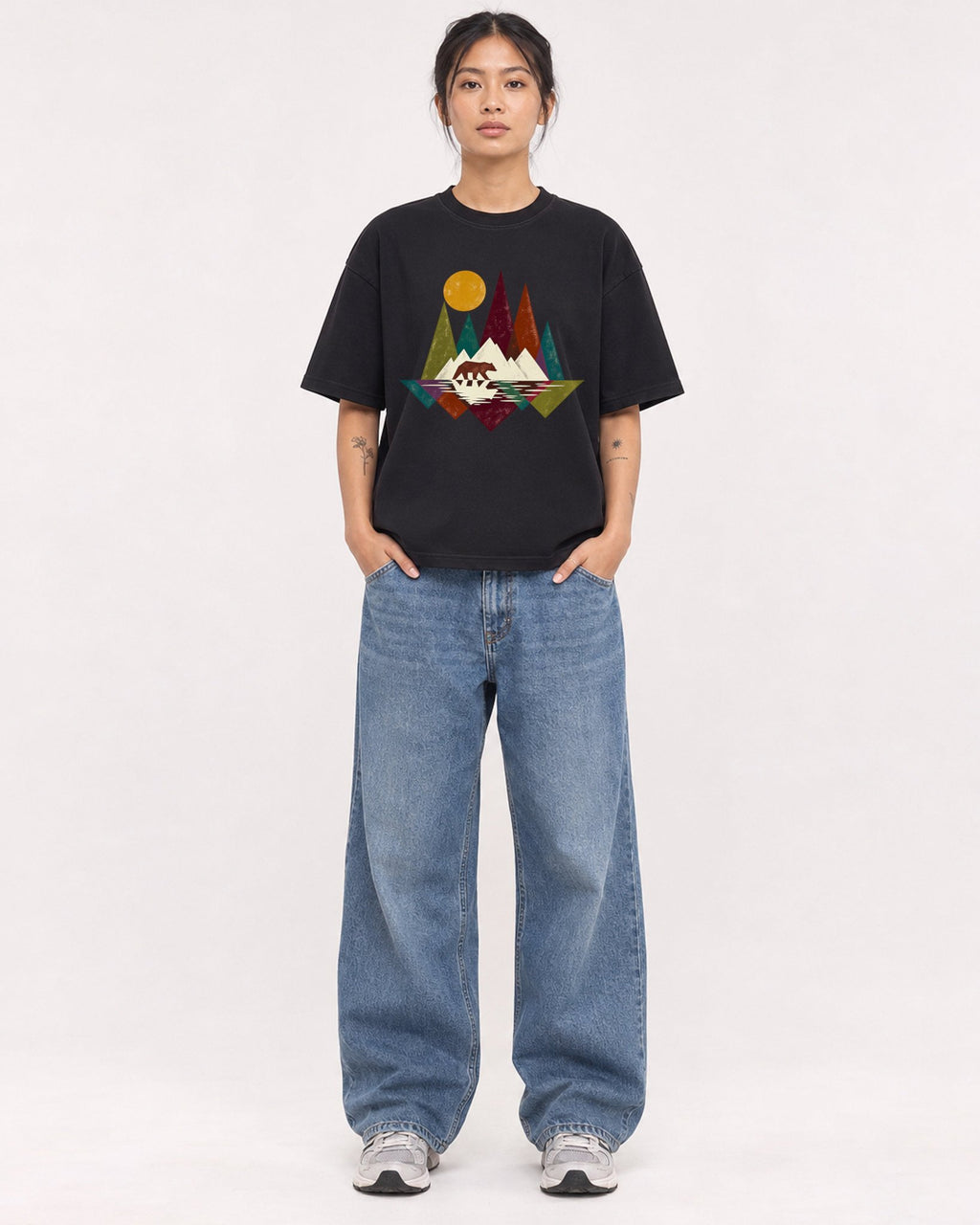 Mockup Boxy Heavyweight Tee Black female full-body 12