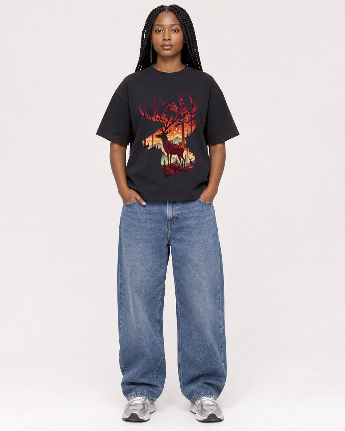 Mockup Boxy Heavyweight Tee Black female full-body 04