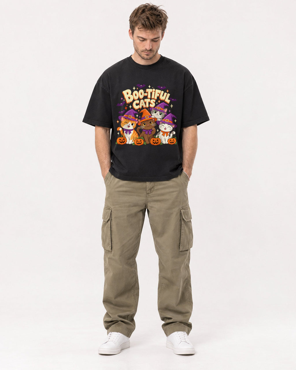 Mockup Boxy Heavyweight Tee Black male full-body 08