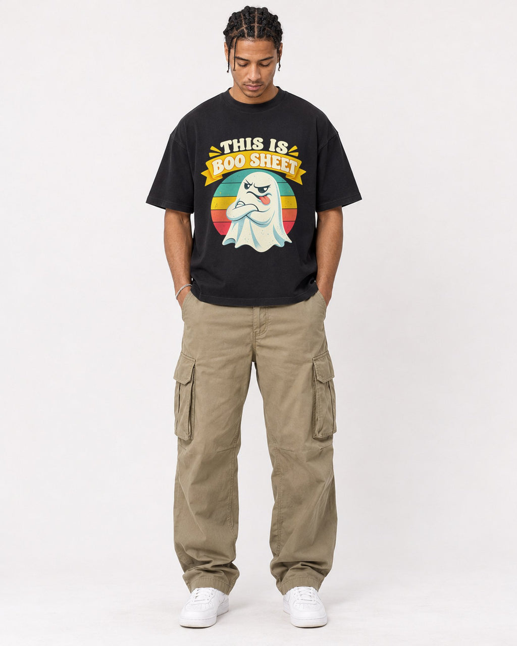 Mockup Boxy Heavyweight Tee Black male full-body 40