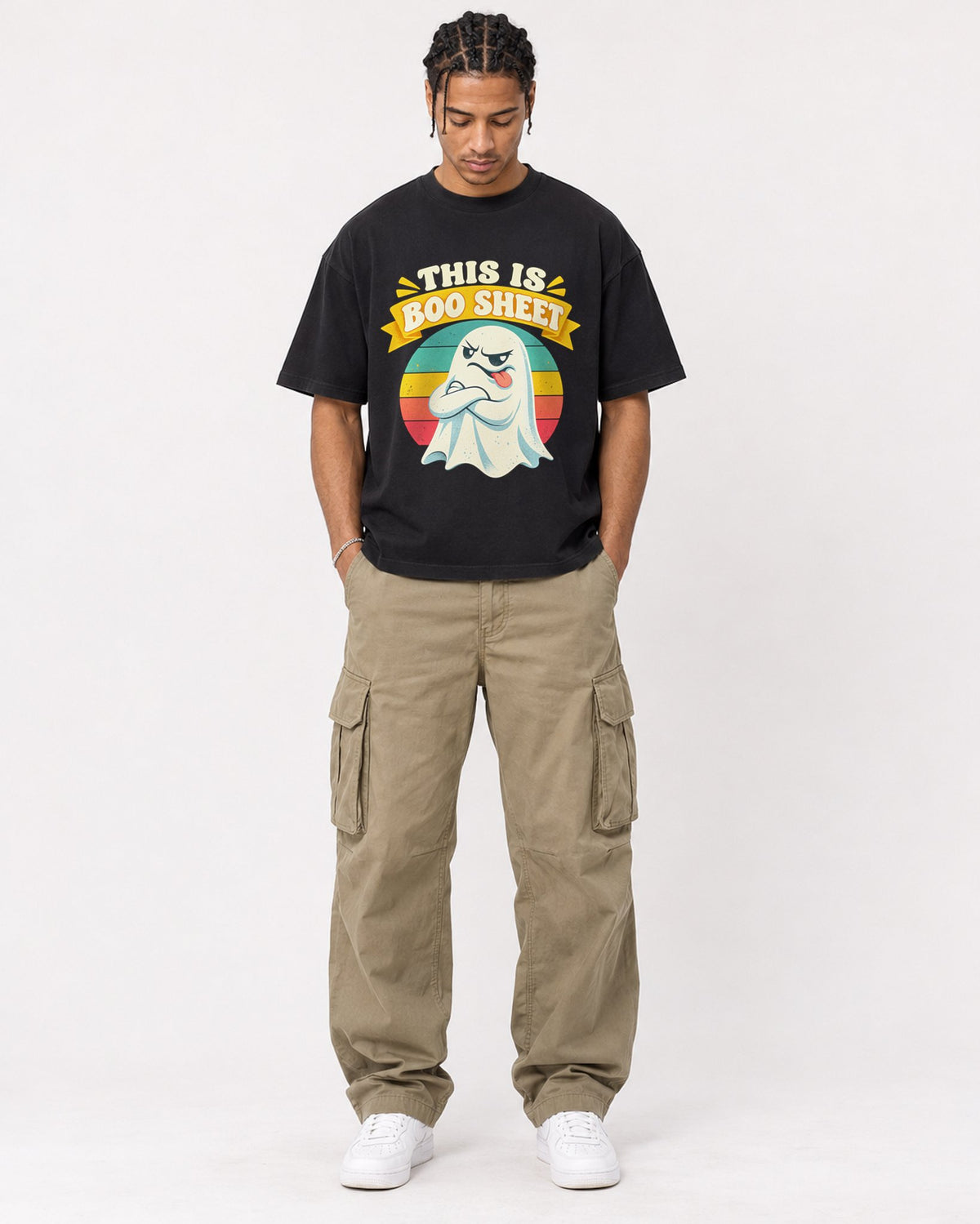 Mockup Boxy Heavyweight Tee Black male full-body 40