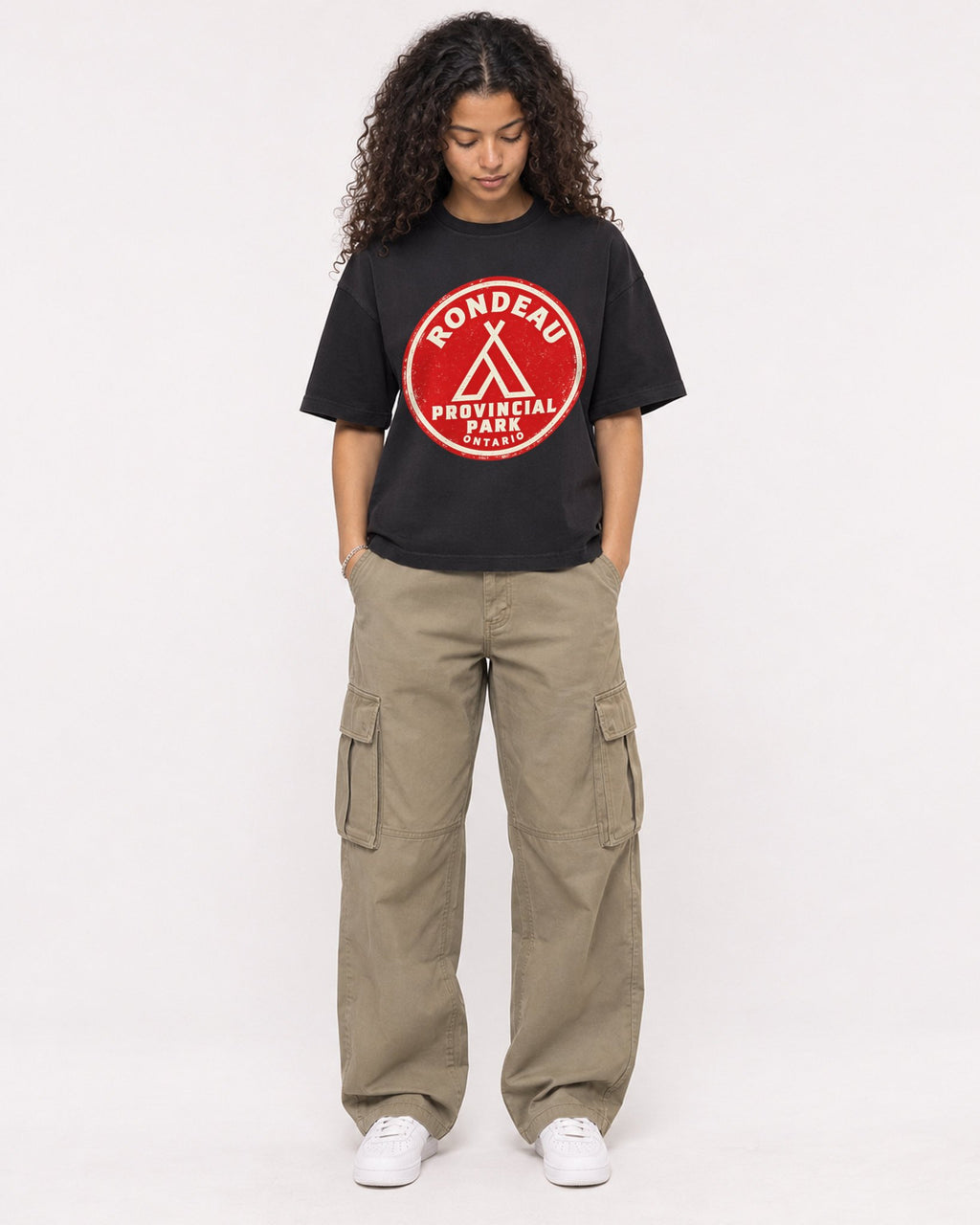 Mockup Boxy Heavyweight Tee Black female full-body 10