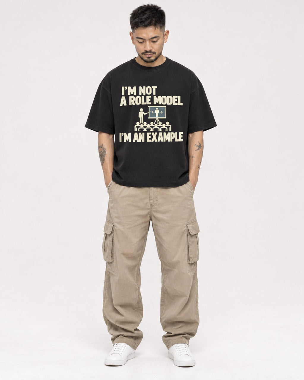Mockup Boxy Heavyweight Tee Black male full-body 12