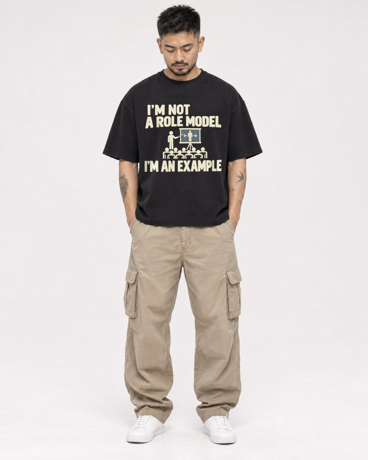 Mockup Boxy Heavyweight Tee Black male full-body 12