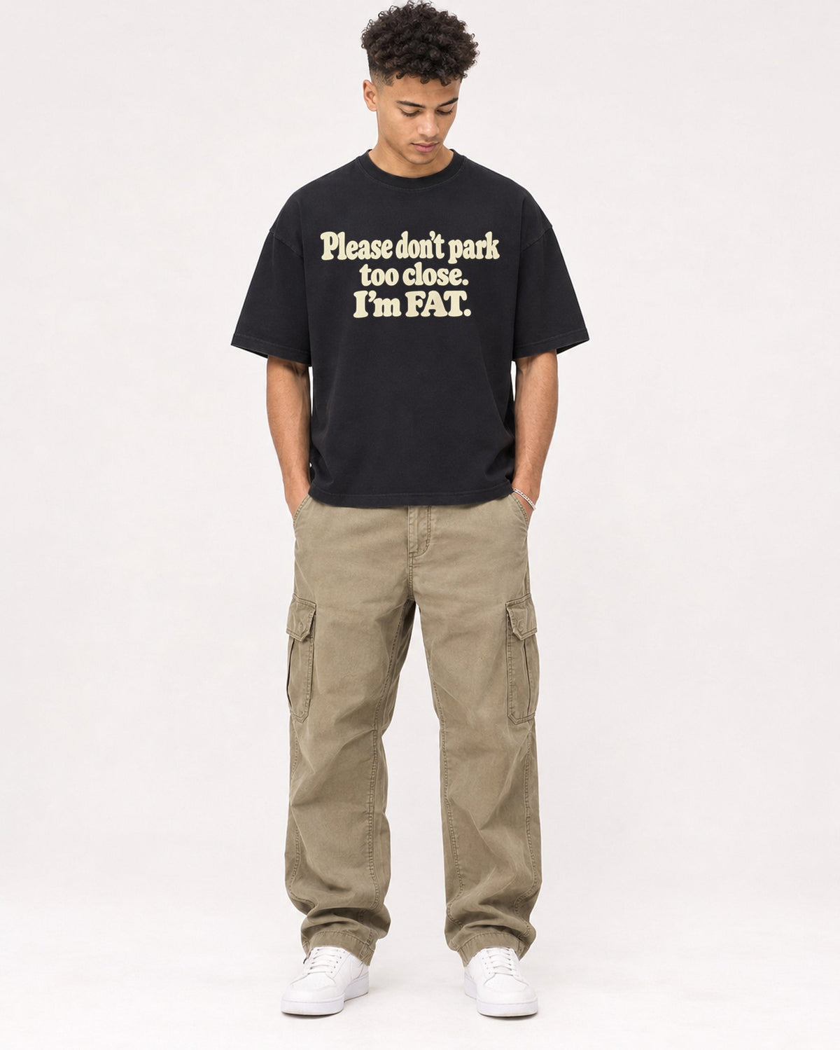 Mockup Boxy Heavyweight Tee Black male full-body 20