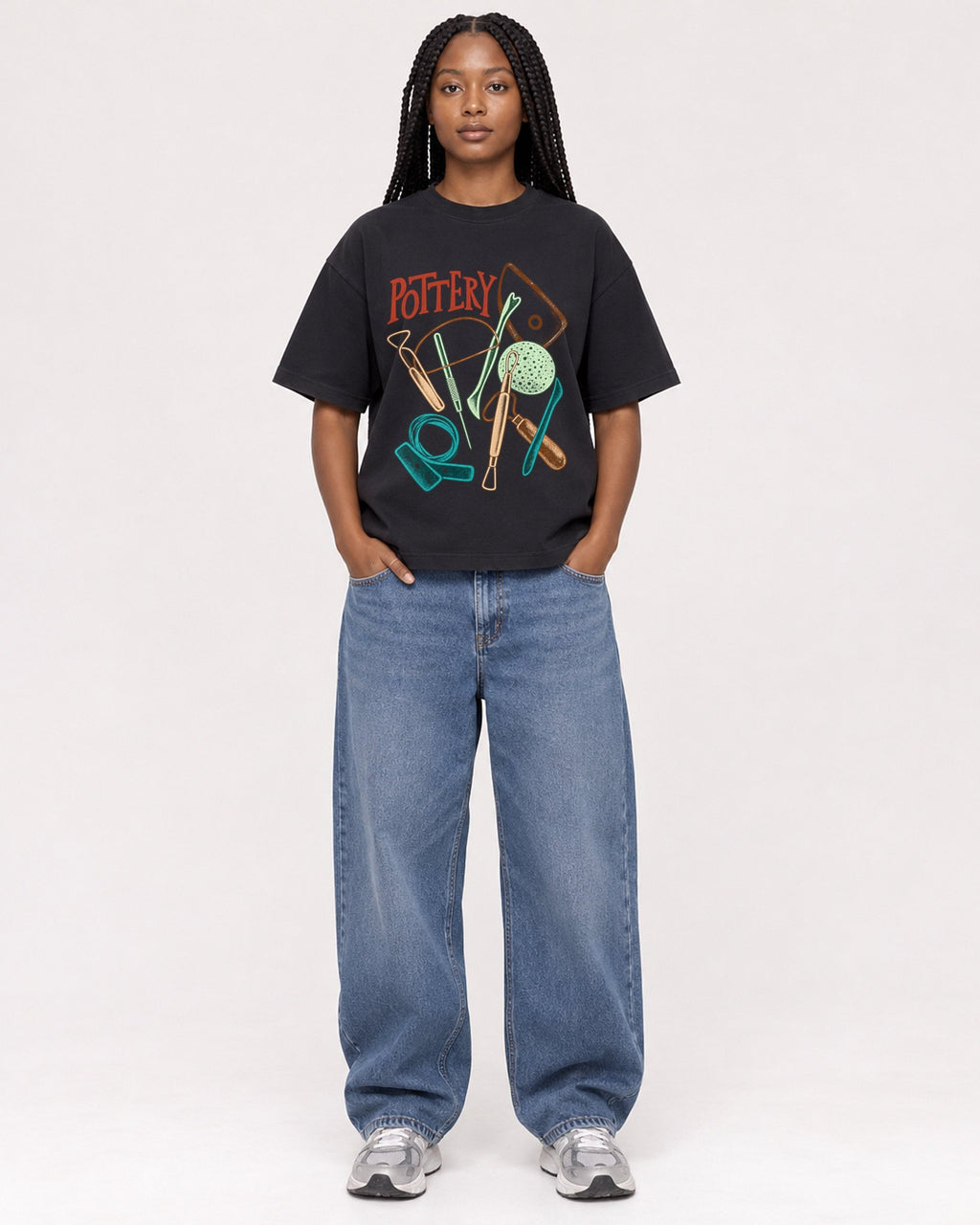Mockup Boxy Heavyweight Tee Black female full-body 04