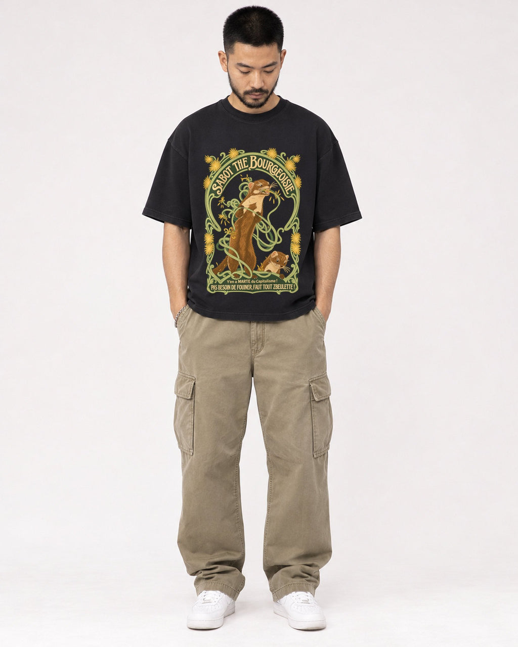 Mockup Boxy Heavyweight Tee Black male full-body 32