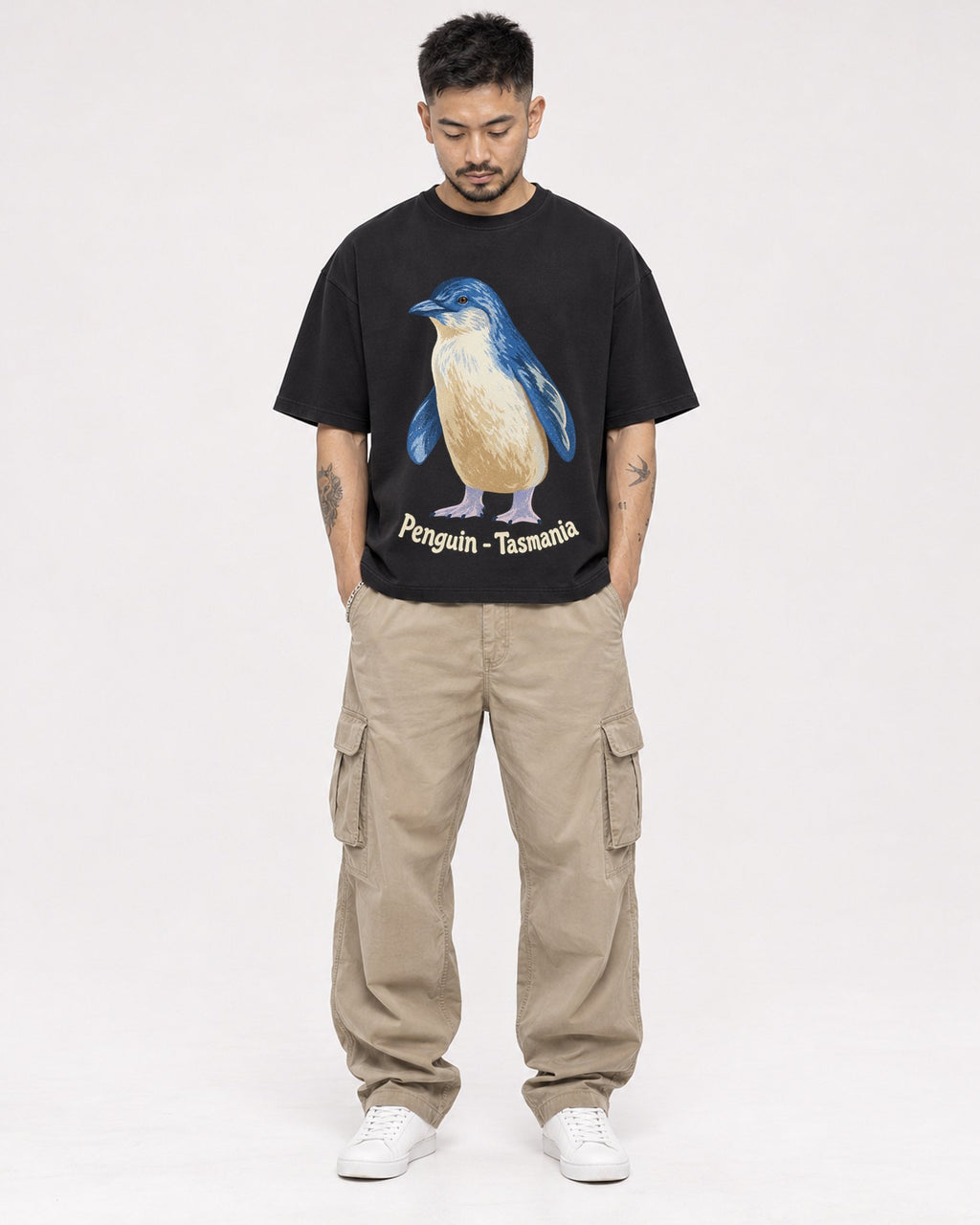 Mockup Boxy Heavyweight Tee Black male full-body 12