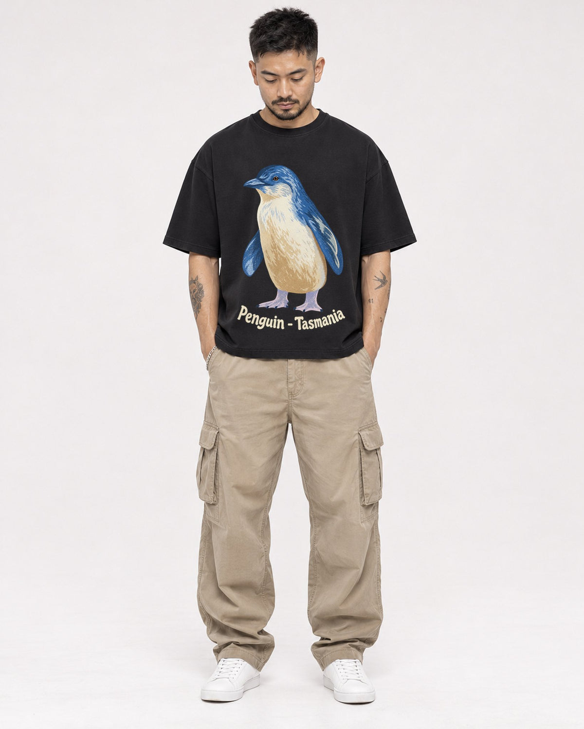 Mockup Boxy Heavyweight Tee Black male full-body 12