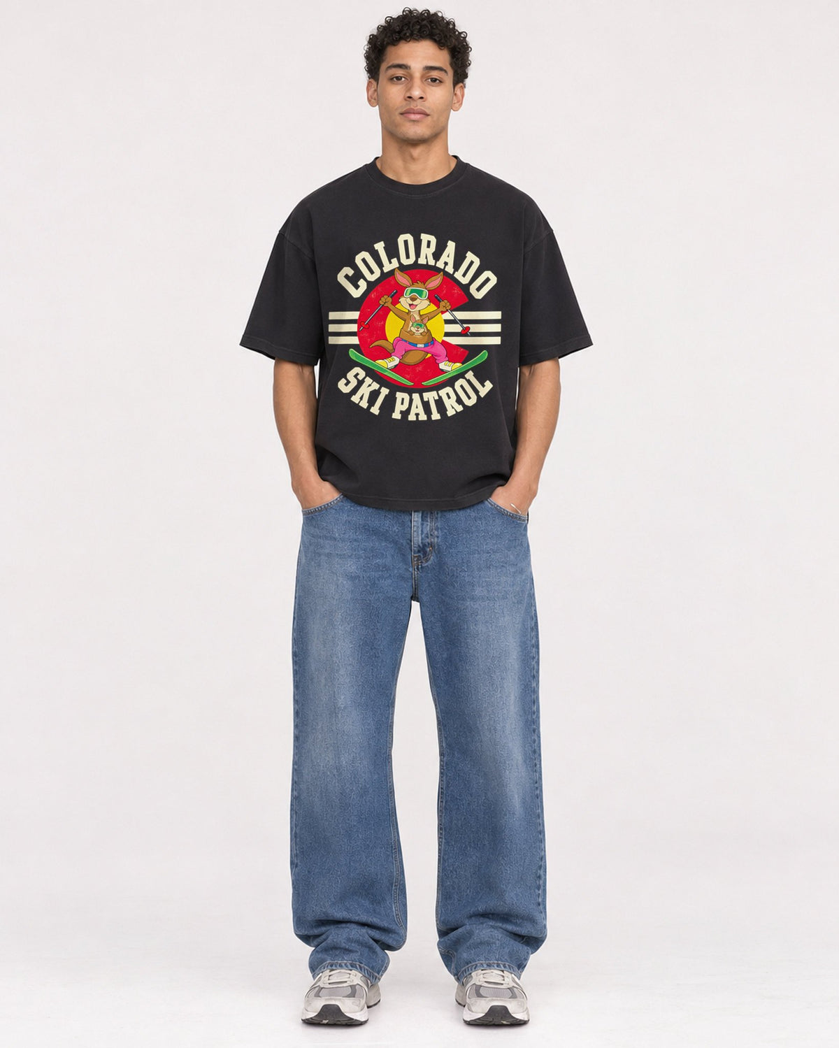 Mockup Boxy Heavyweight Tee Black male full-body 10