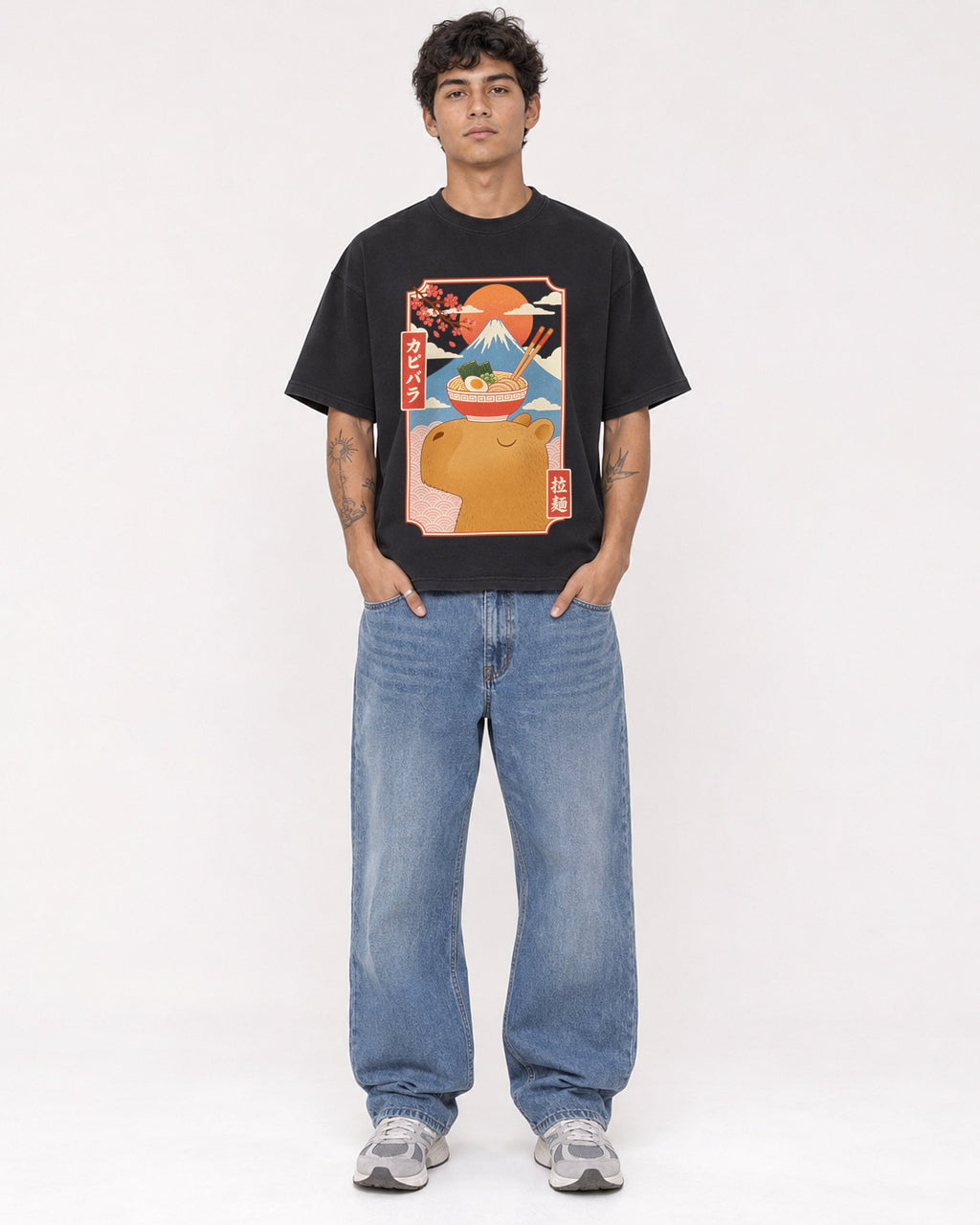 Mockup Boxy Heavyweight Tee Black male full-body 06