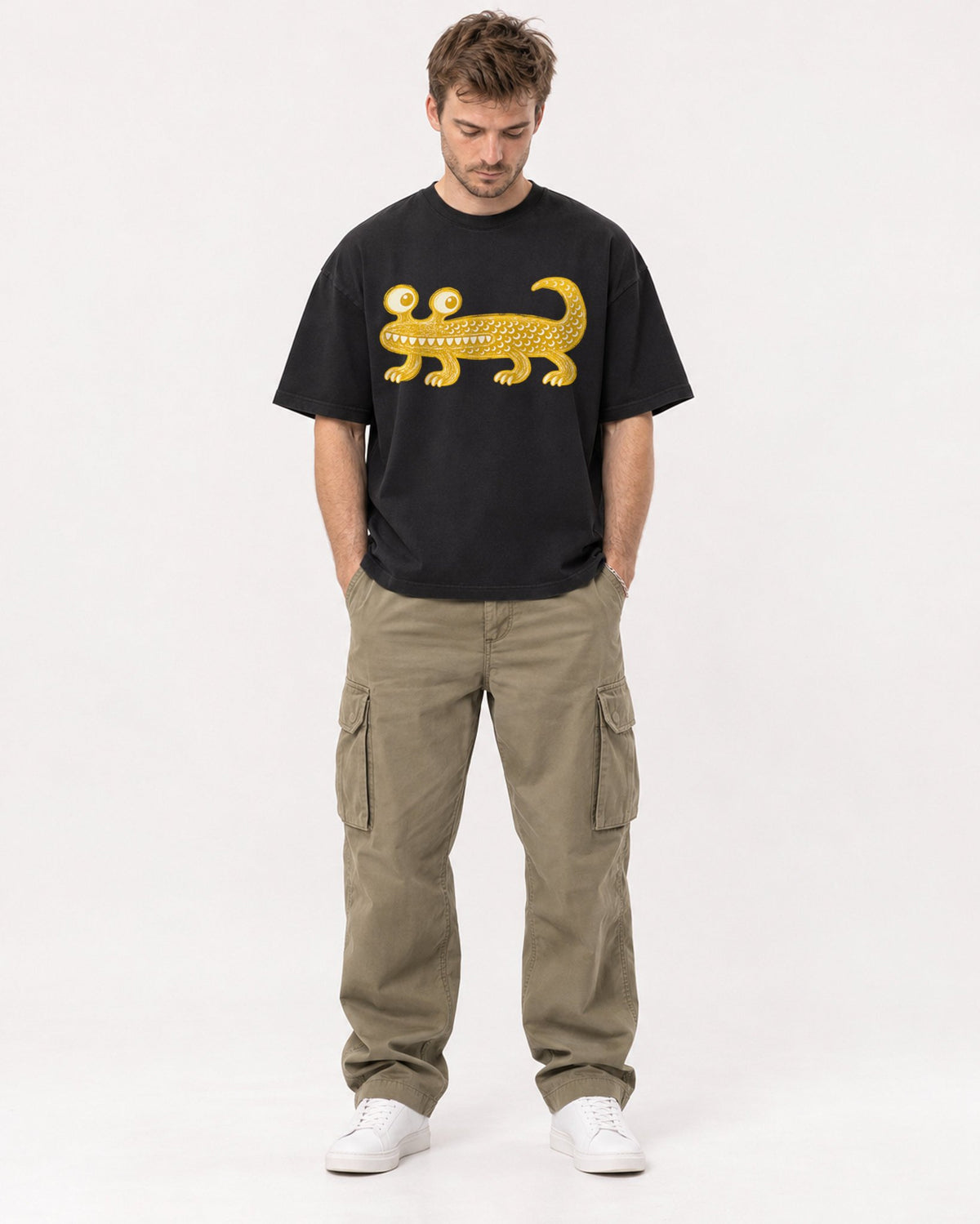 Mockup Boxy Heavyweight Tee Black male full-body 08
