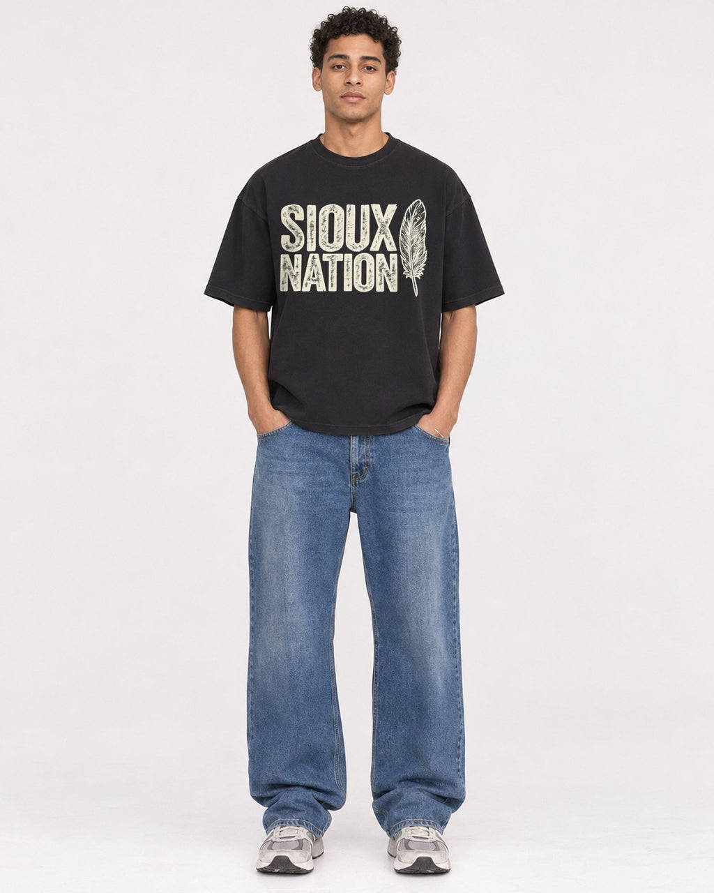 Mockup Boxy Heavyweight Tee Black male full-body 10