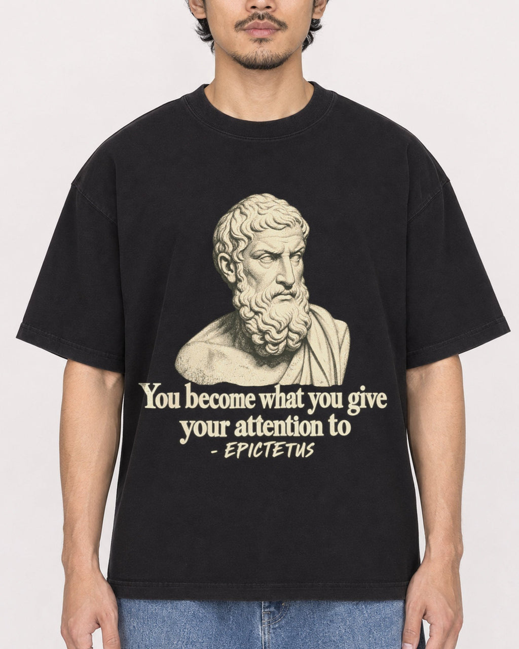 Mockup Boxy Heavyweight Tee Black male close-up 02