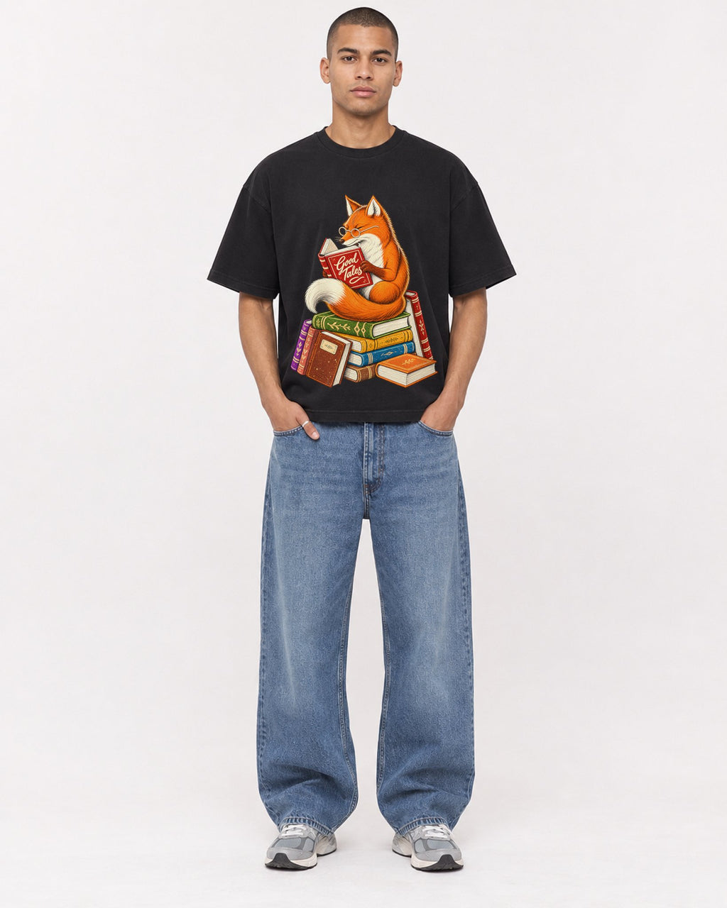 Mockup Boxy Heavyweight Tee Black male full-body 50