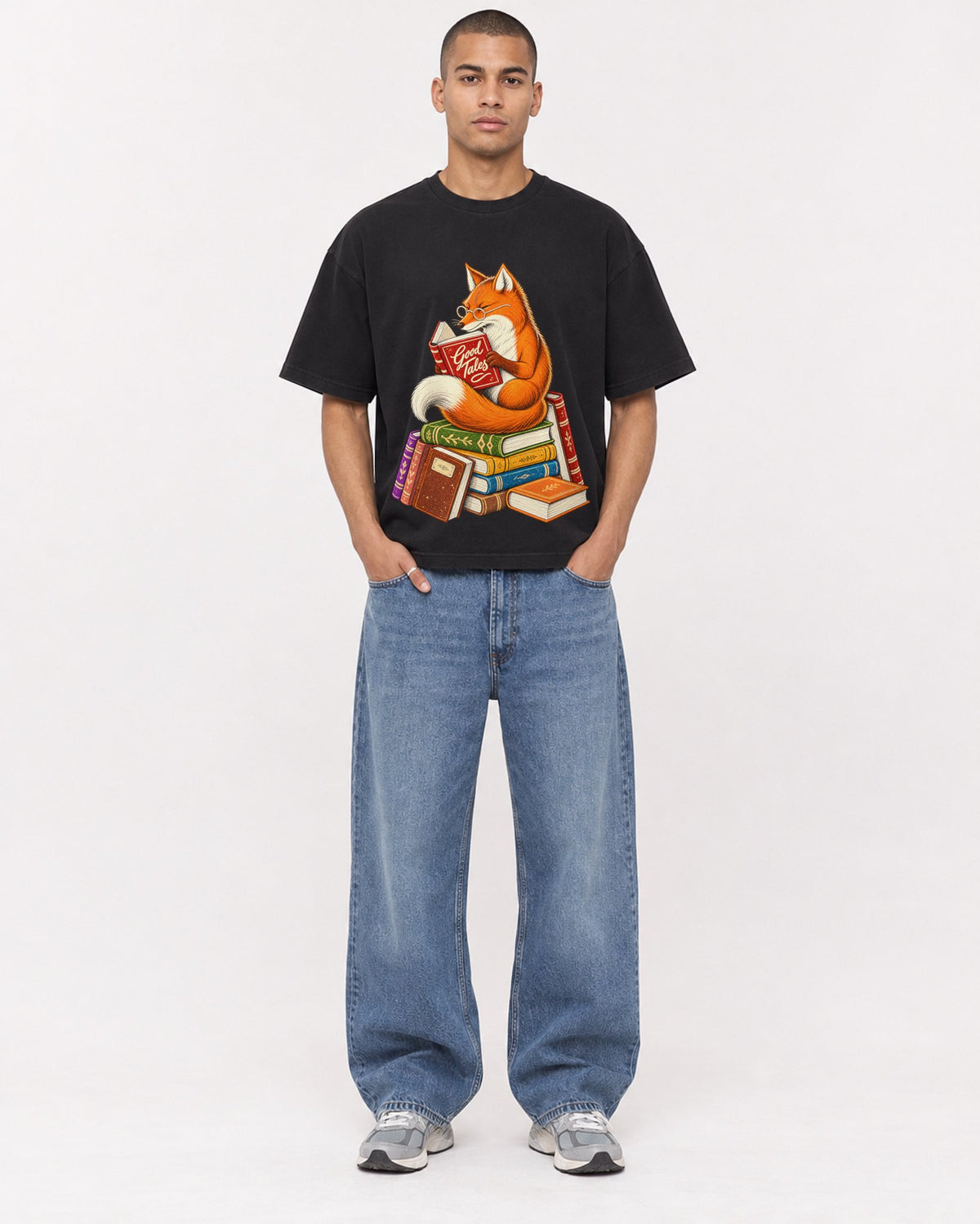 Mockup Boxy Heavyweight Tee Black male full-body 50