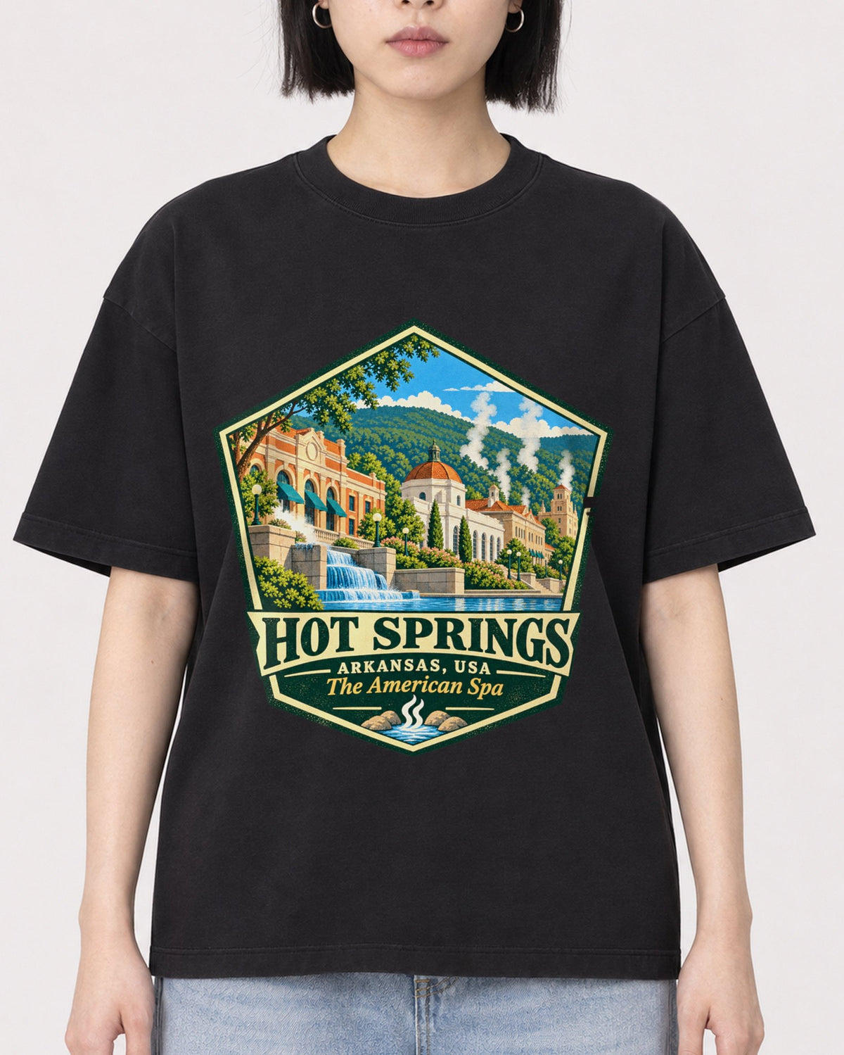 Mockup Boxy Heavyweight Tee Black female close-up 11