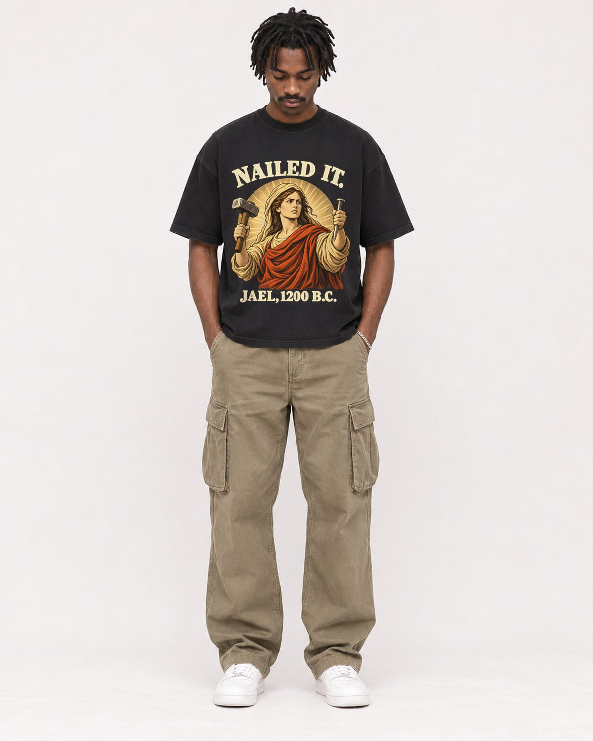 Mockup Boxy Heavyweight Tee Black male full-body 04