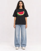 Mockup Boxy Heavyweight Tee Black female full-body 07