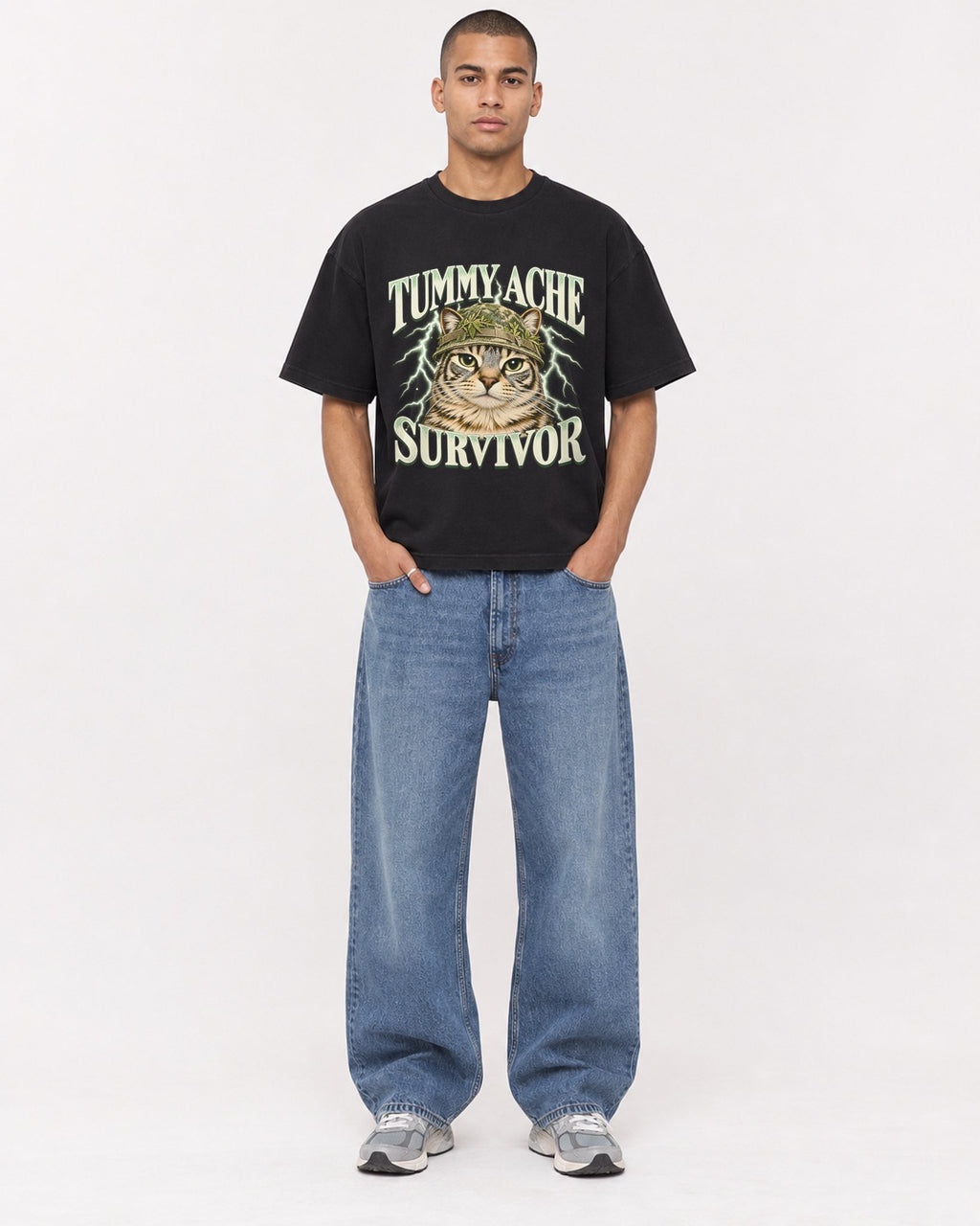 Mockup Boxy Heavyweight Tee Black male full-body 50