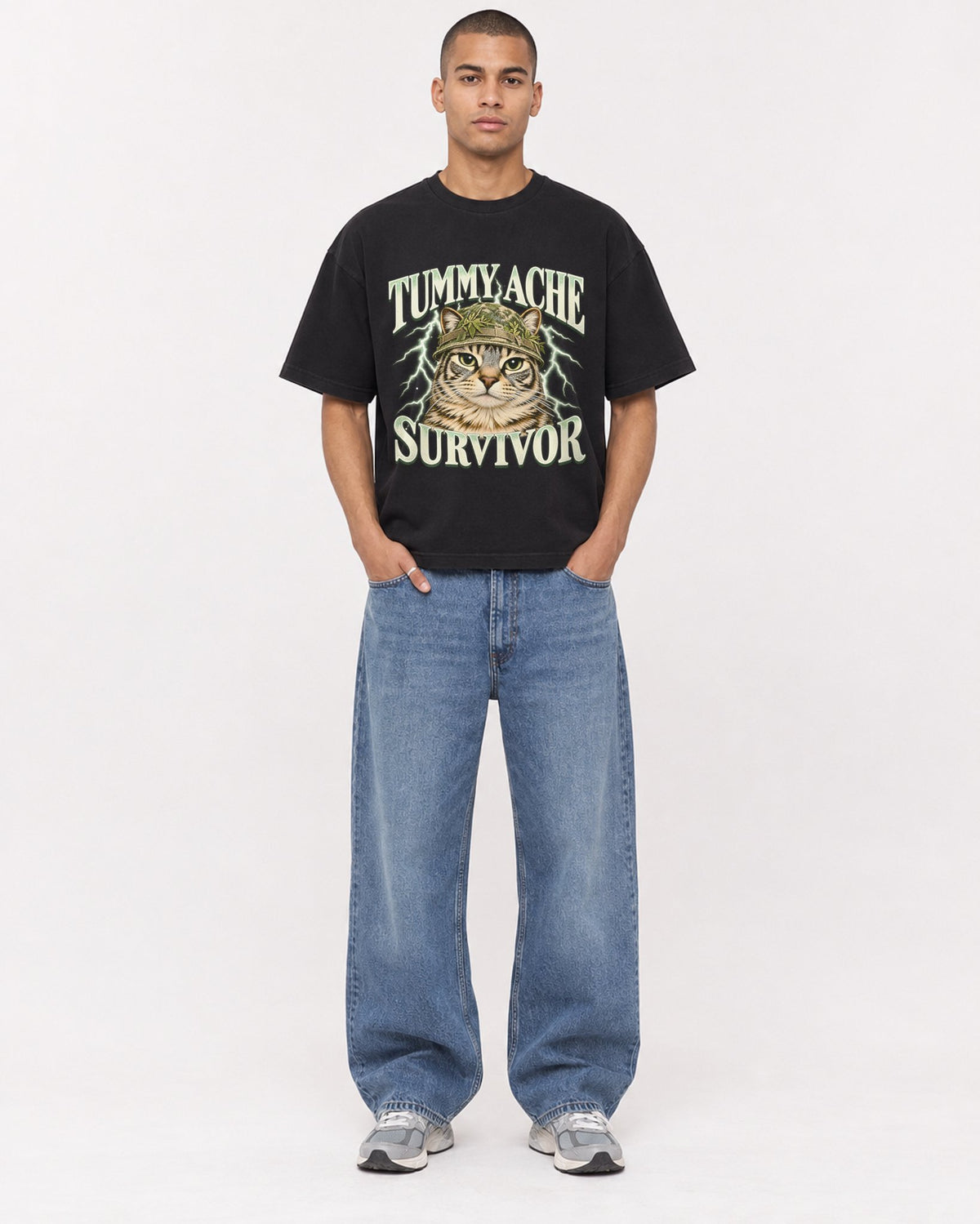 Mockup Boxy Heavyweight Tee Black male full-body 50