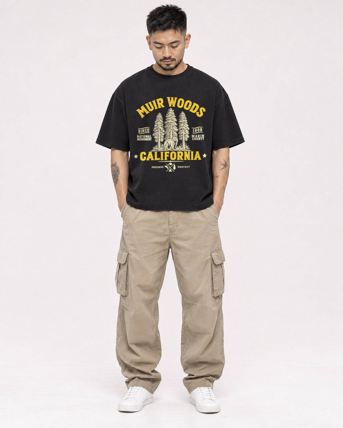 Mockup Boxy Heavyweight Tee Black male full-body 12
