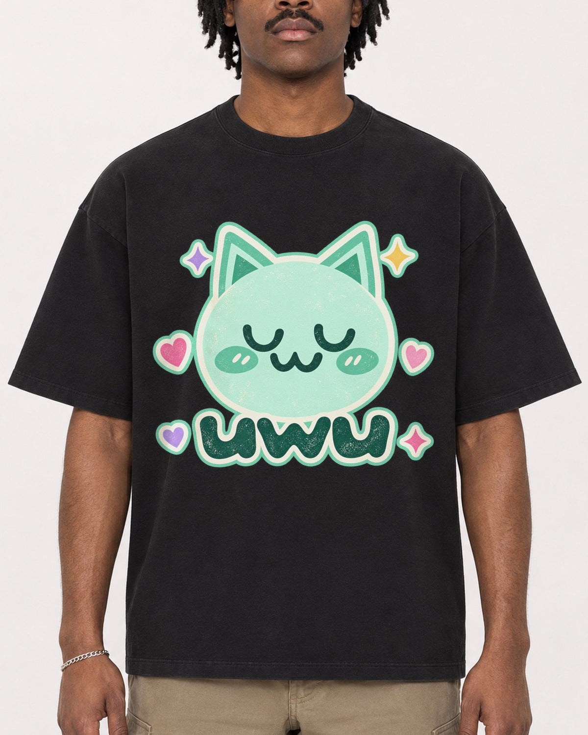 Mockup Boxy Heavyweight Tee Black male close-up 04
