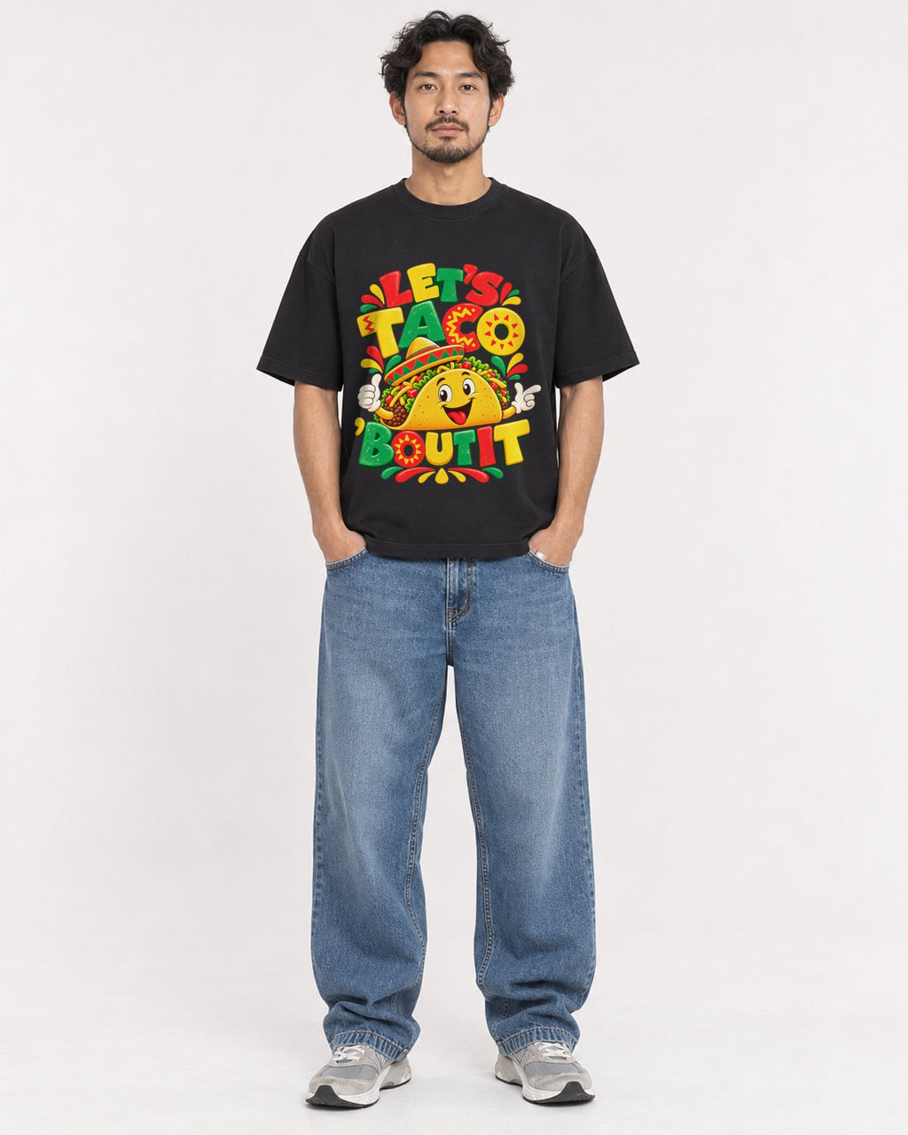 Mockup Boxy Heavyweight Tee Black male full-body 02