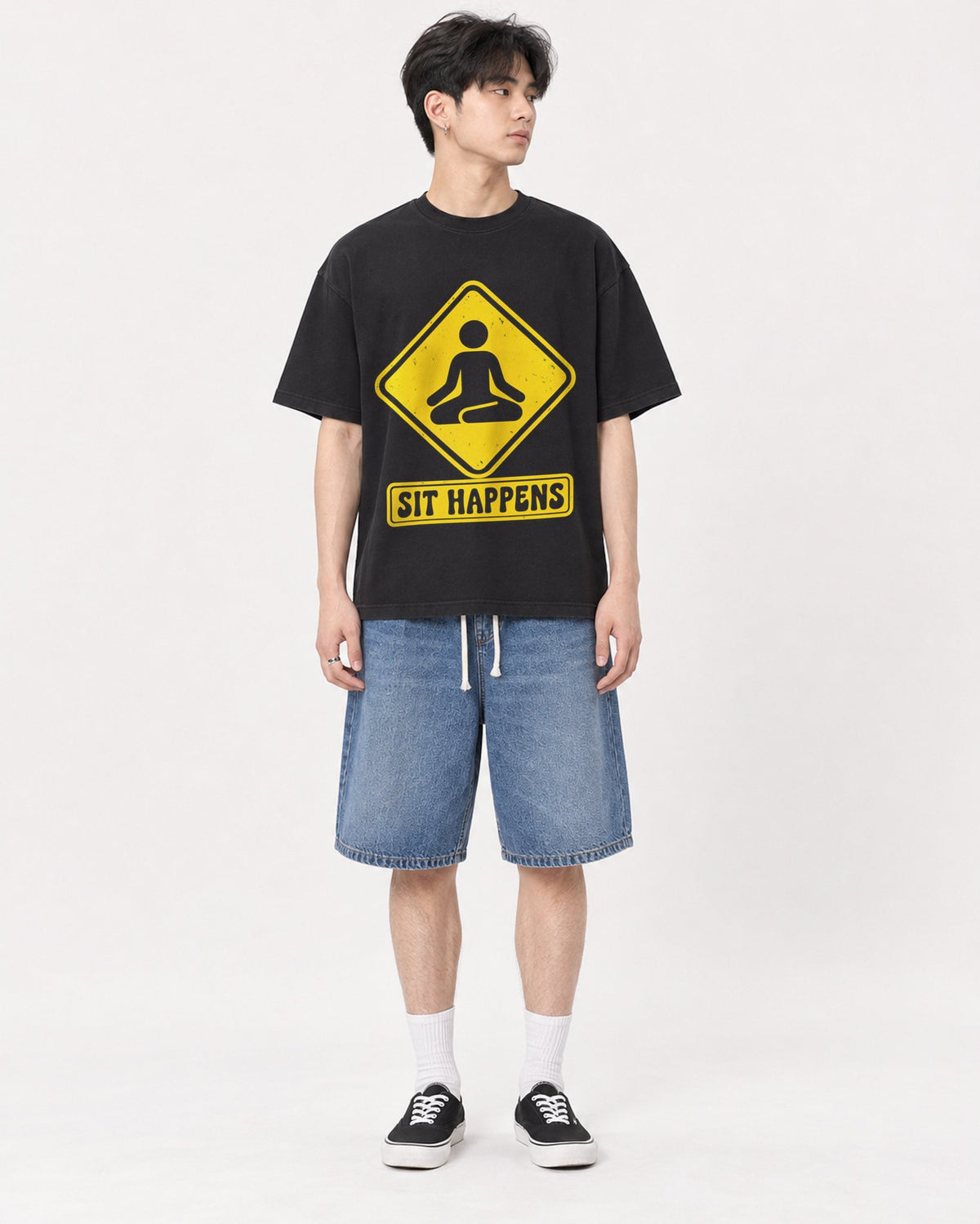 Mockup Boxy Heavyweight Tee Black male full-body 31