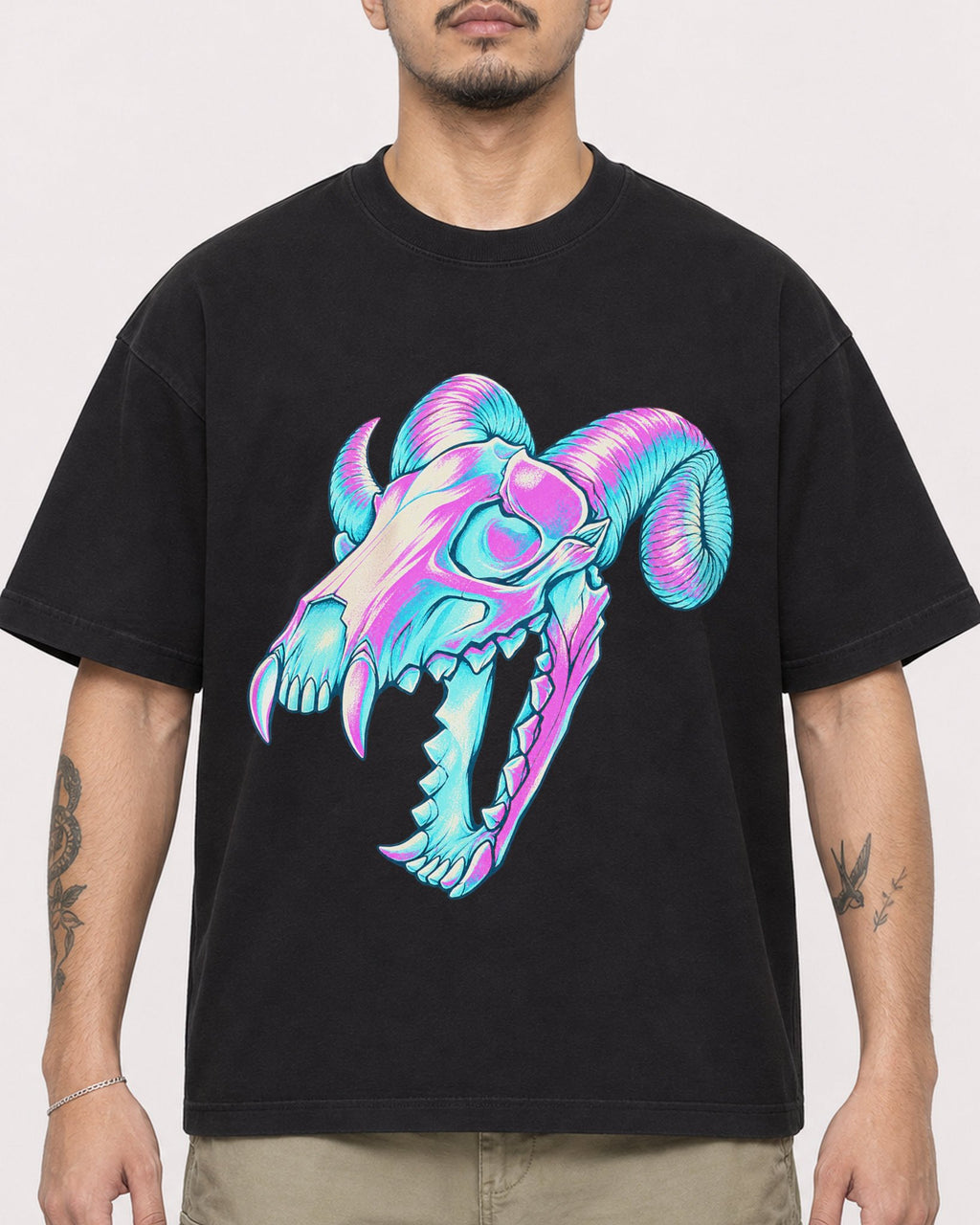 Mockup Boxy Heavyweight Tee Black male close-up 12