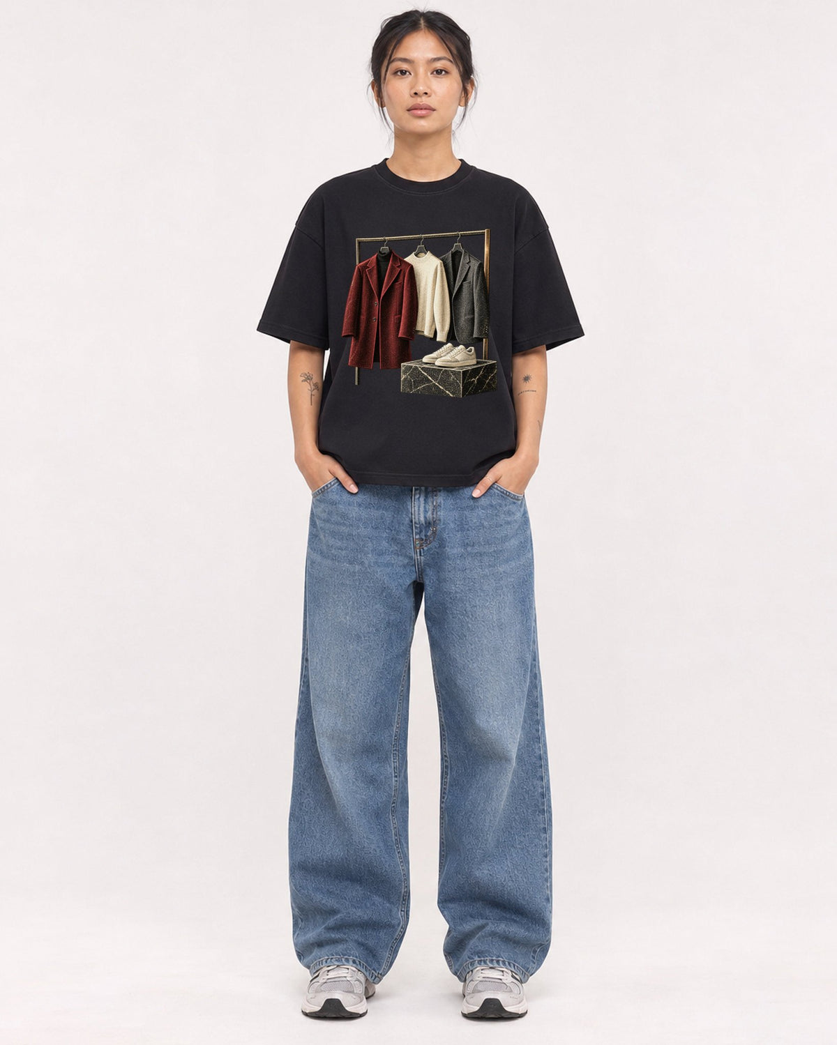 Mockup Boxy Heavyweight Tee Black female full-body 12
