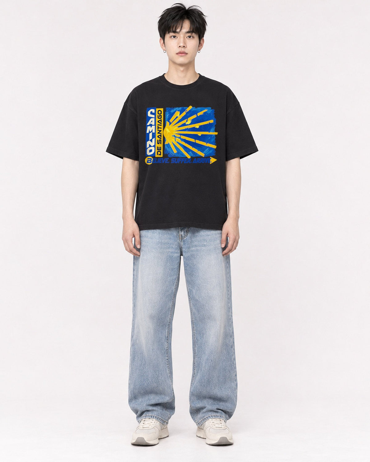 Mockup Boxy Heavyweight Tee Black male full-body 01