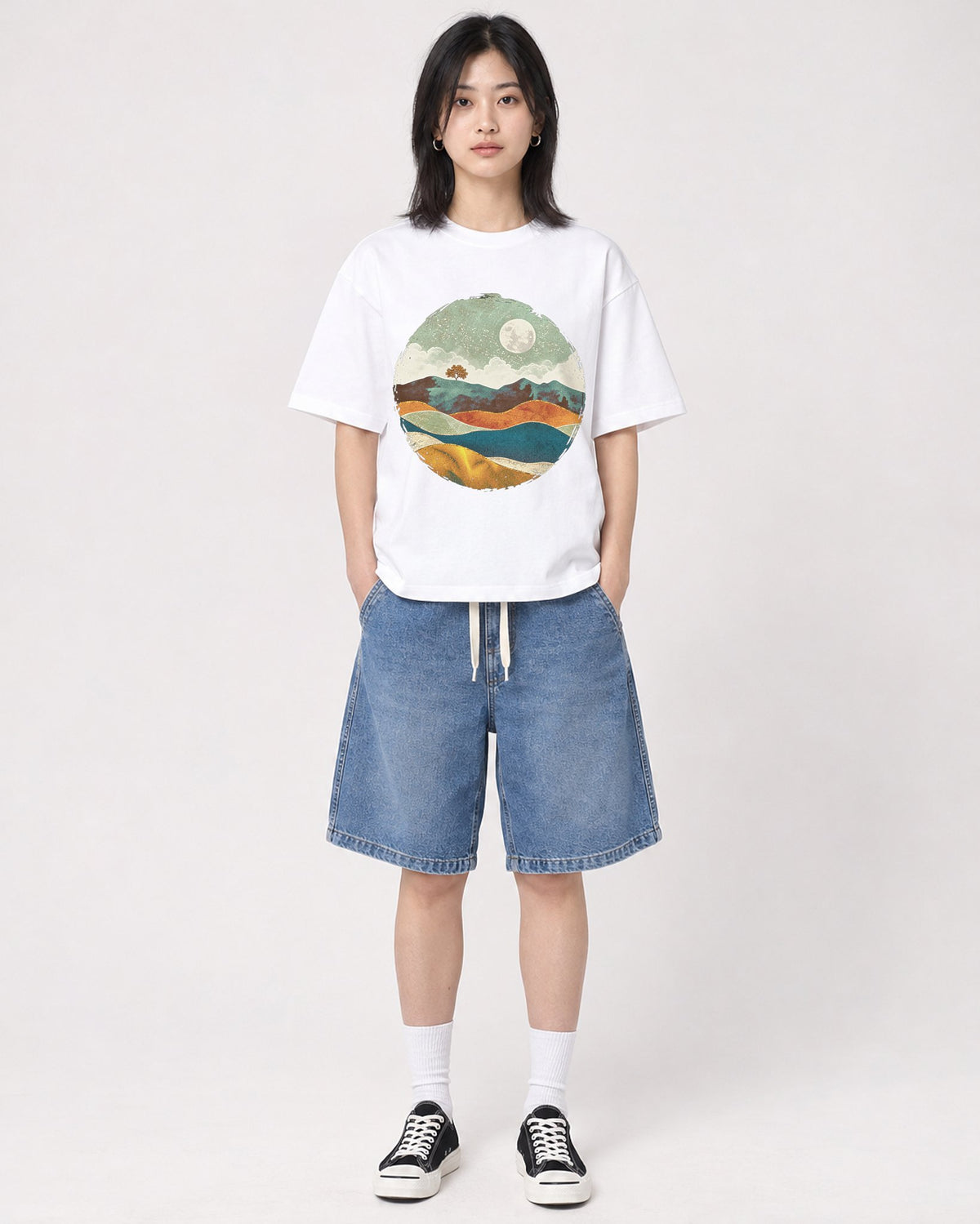 Mockup Boxy Heavyweight Tee White female full-body 31