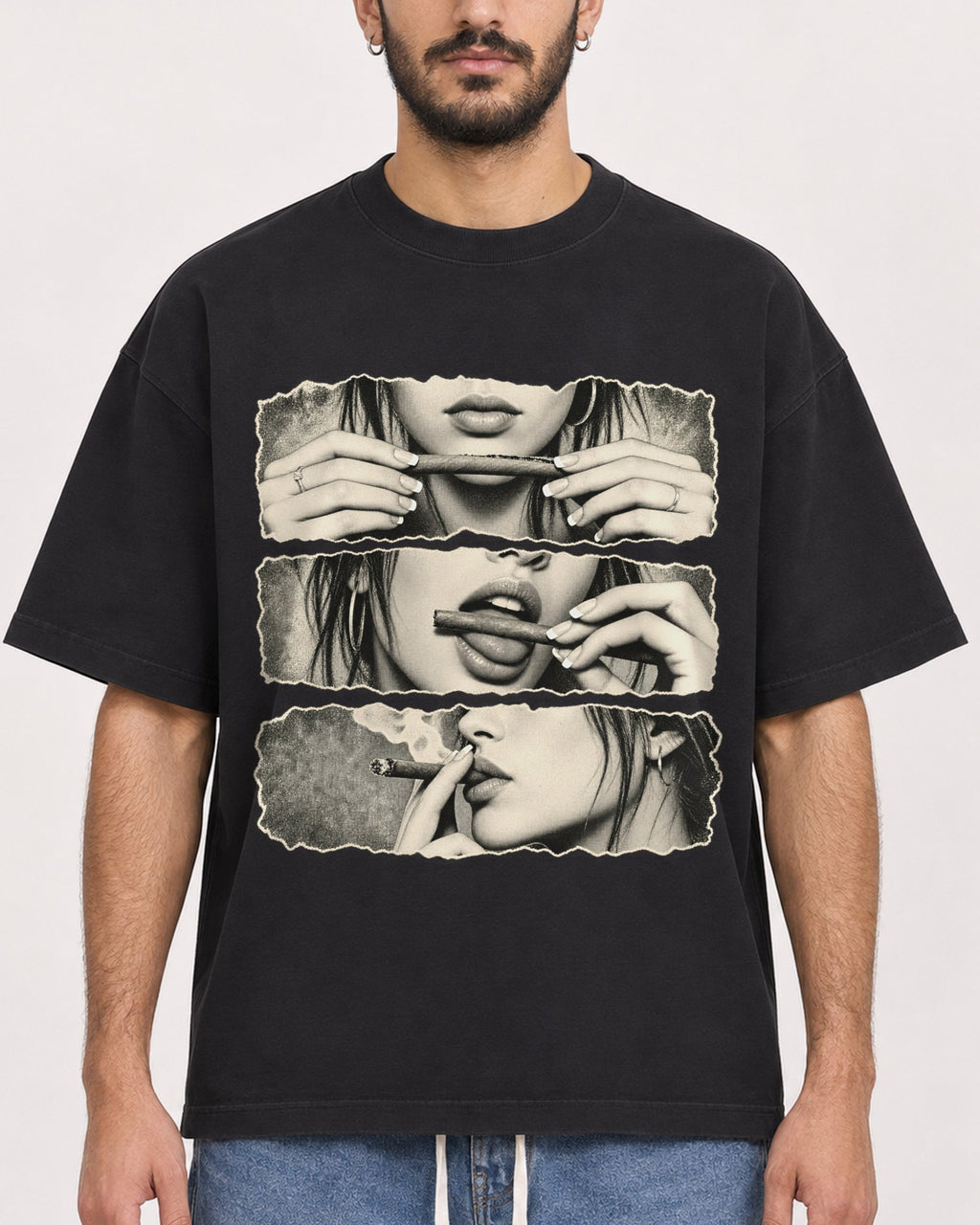 Mockup Boxy Heavyweight Tee Black male close-up 07