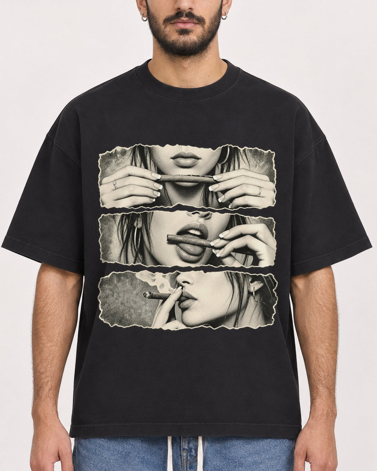 Mockup Boxy Heavyweight Tee Black male close-up 07