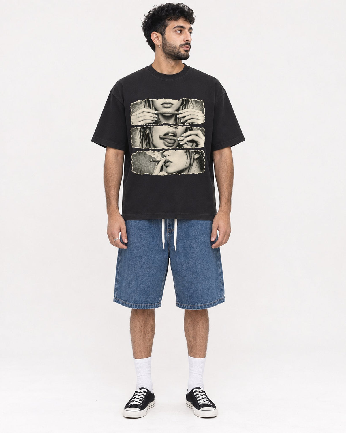 Mockup Boxy Heavyweight Tee Black male full-body 07