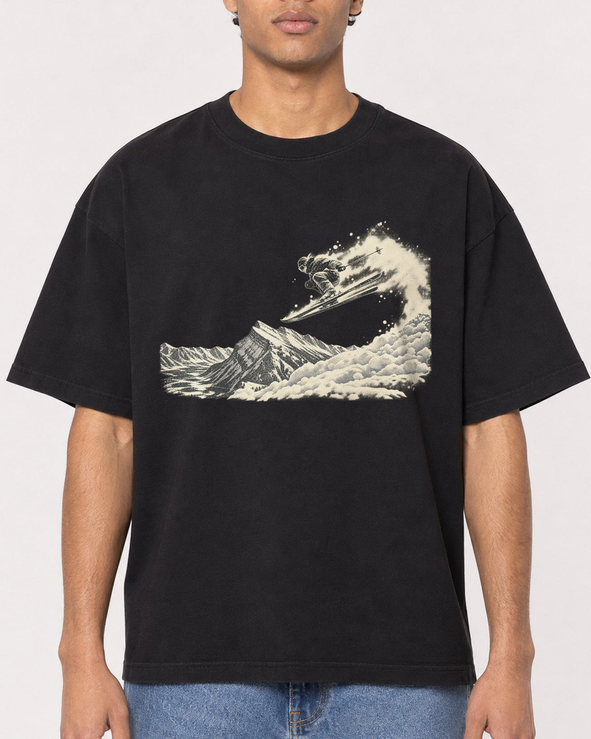 Mockup Boxy Heavyweight Tee Black male close-up 10